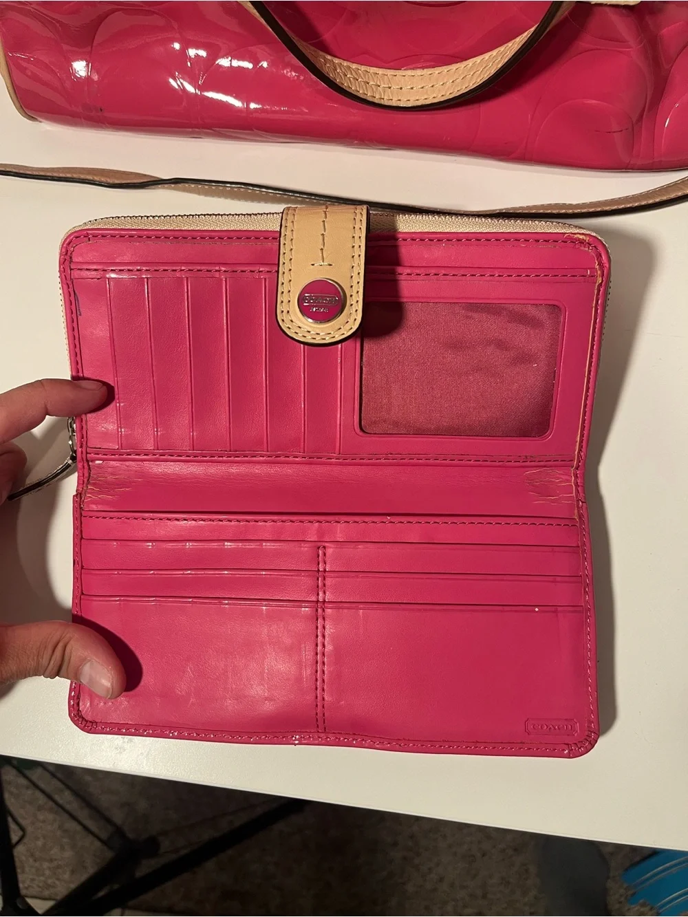 Coach Signature hot pink glossy leather purse and matching wallet SET